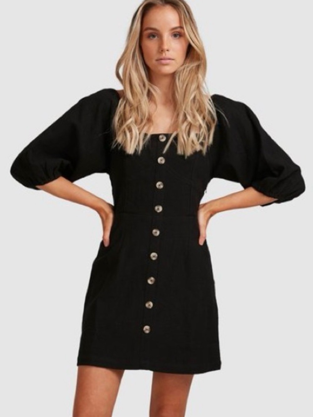Billabong Black Button-Front Puff Sleeve White Sand Mini Dress